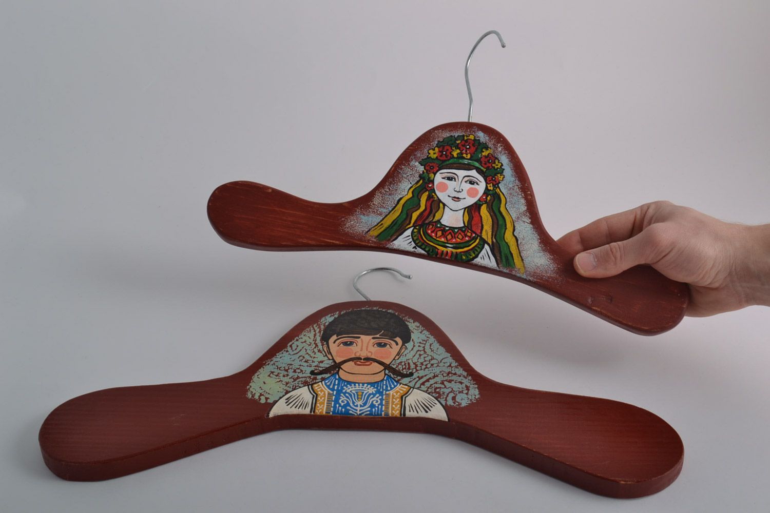Set of 2 handmade wooden clothes hangers with ethnic painting for him and her photo 5