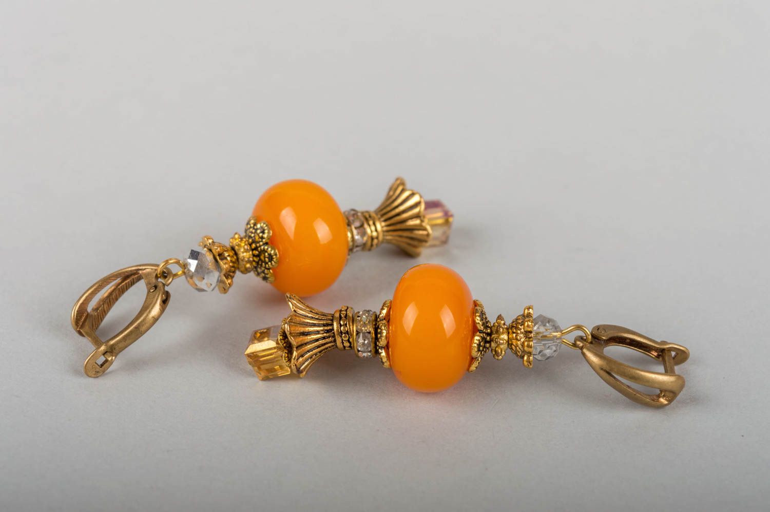 Unusual handmade long metal earrings with natural amber stone beads for girls photo 5