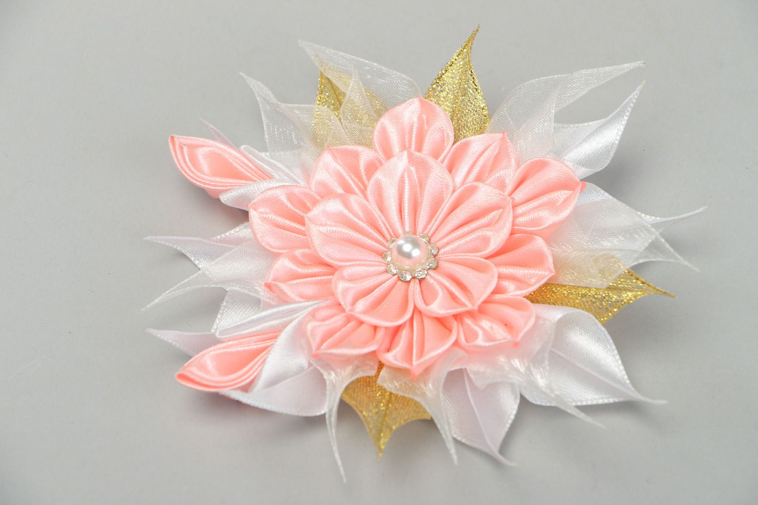 Tender handmade hair clip with satin ribbon kanzashi flower in pink color palette photo 1