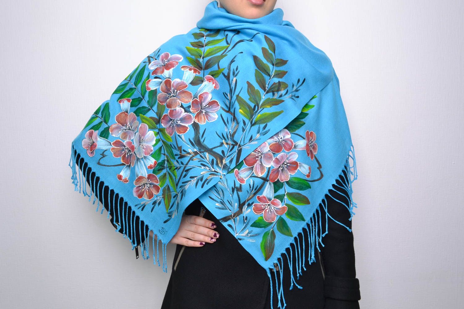 Blue warm cashmere scarf with painting photo 1