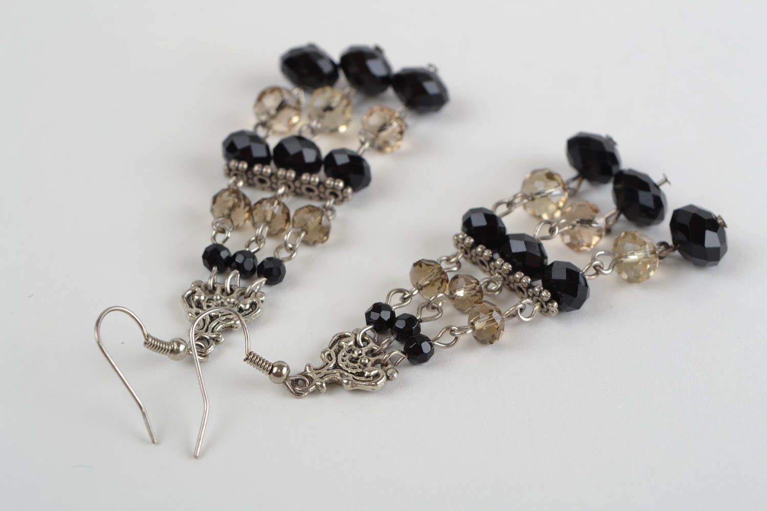 Handmade designer women's long dangling metal earrings with black Czech glass  photo 5