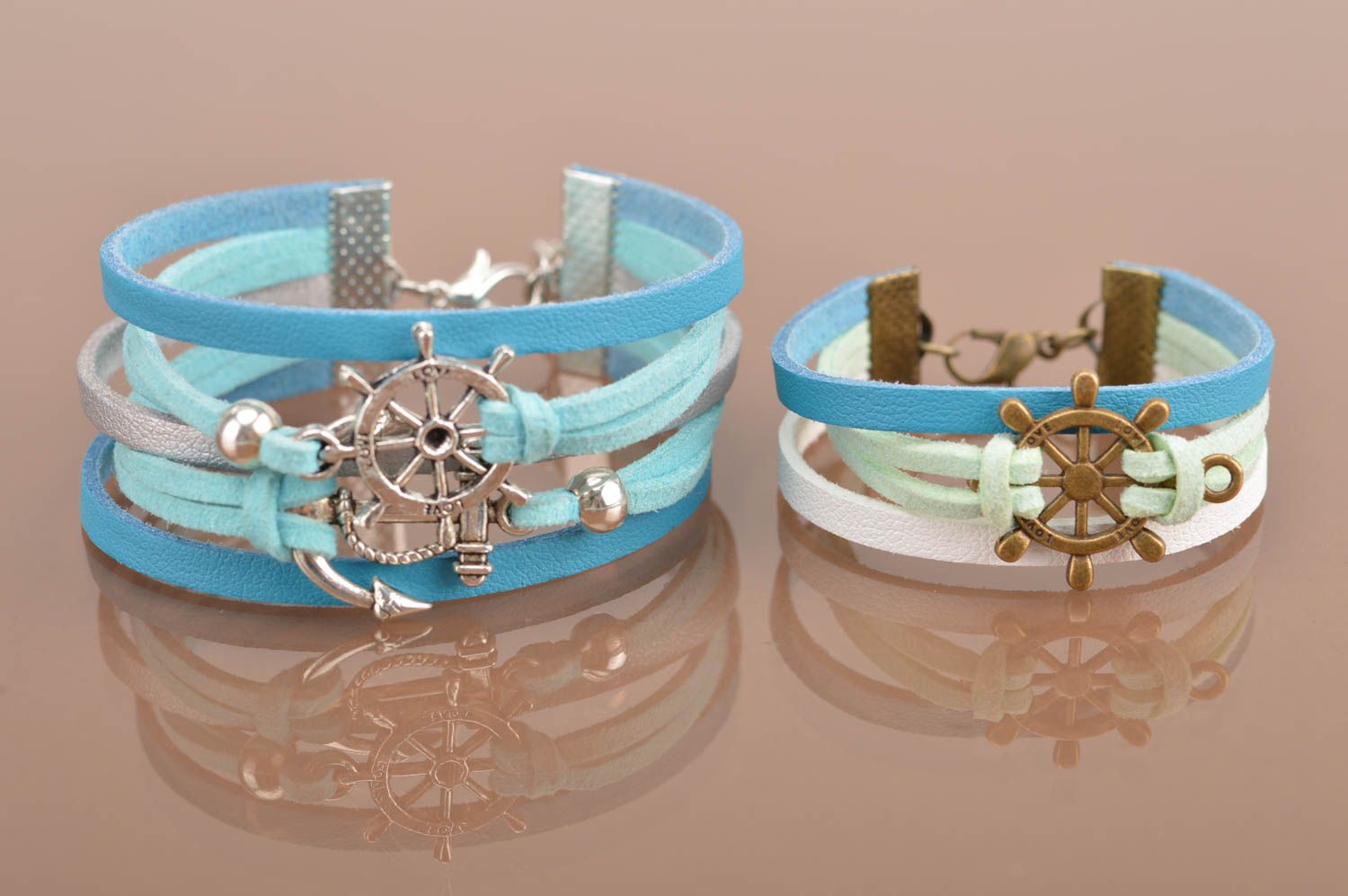 Set of 2 handmade designer suede cord bracelets with charms for adult and child photo 2