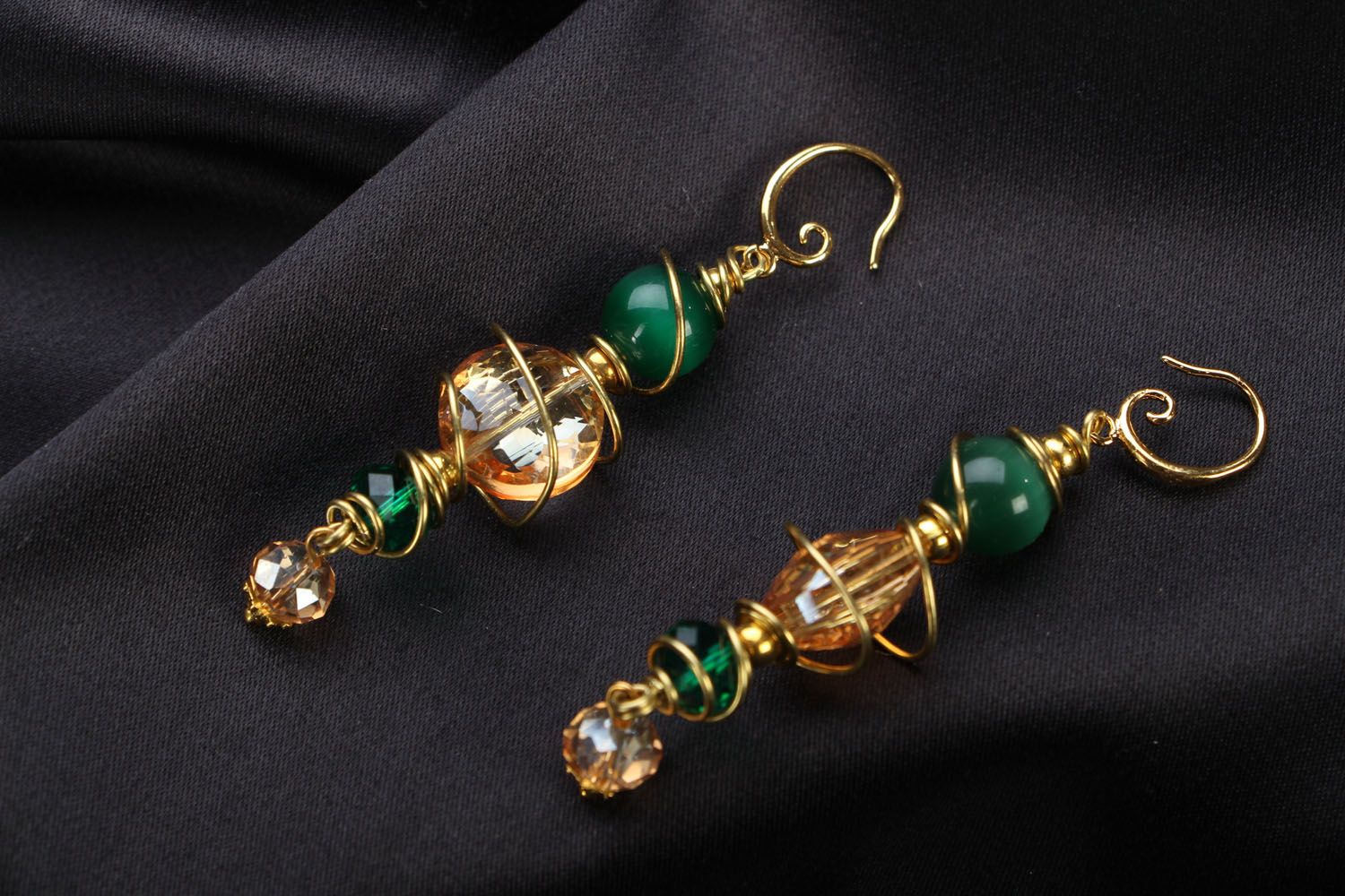 Long earrings with cat's eye stone and crystal glass photo 1