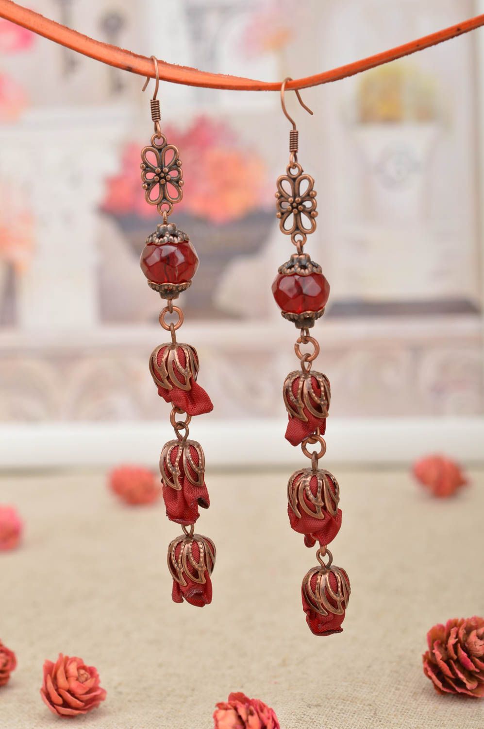 Handmade beautiful long earrings stylish flower accessory textile earrings photo 1