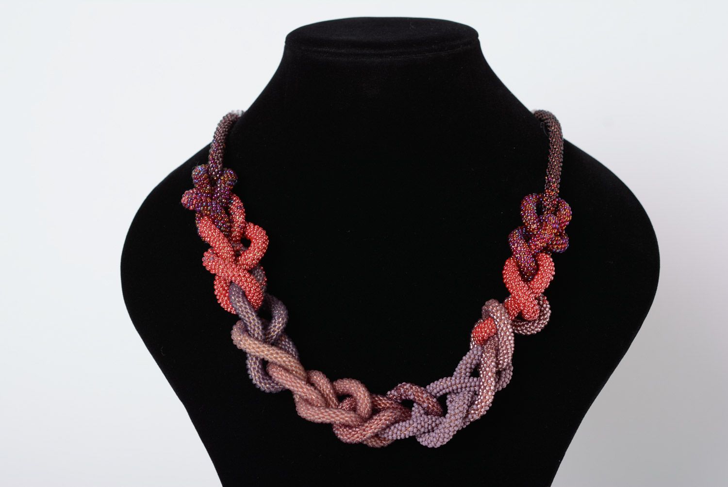 Handmade massive long beaded necklace in the shape of chain of lilac color photo 1