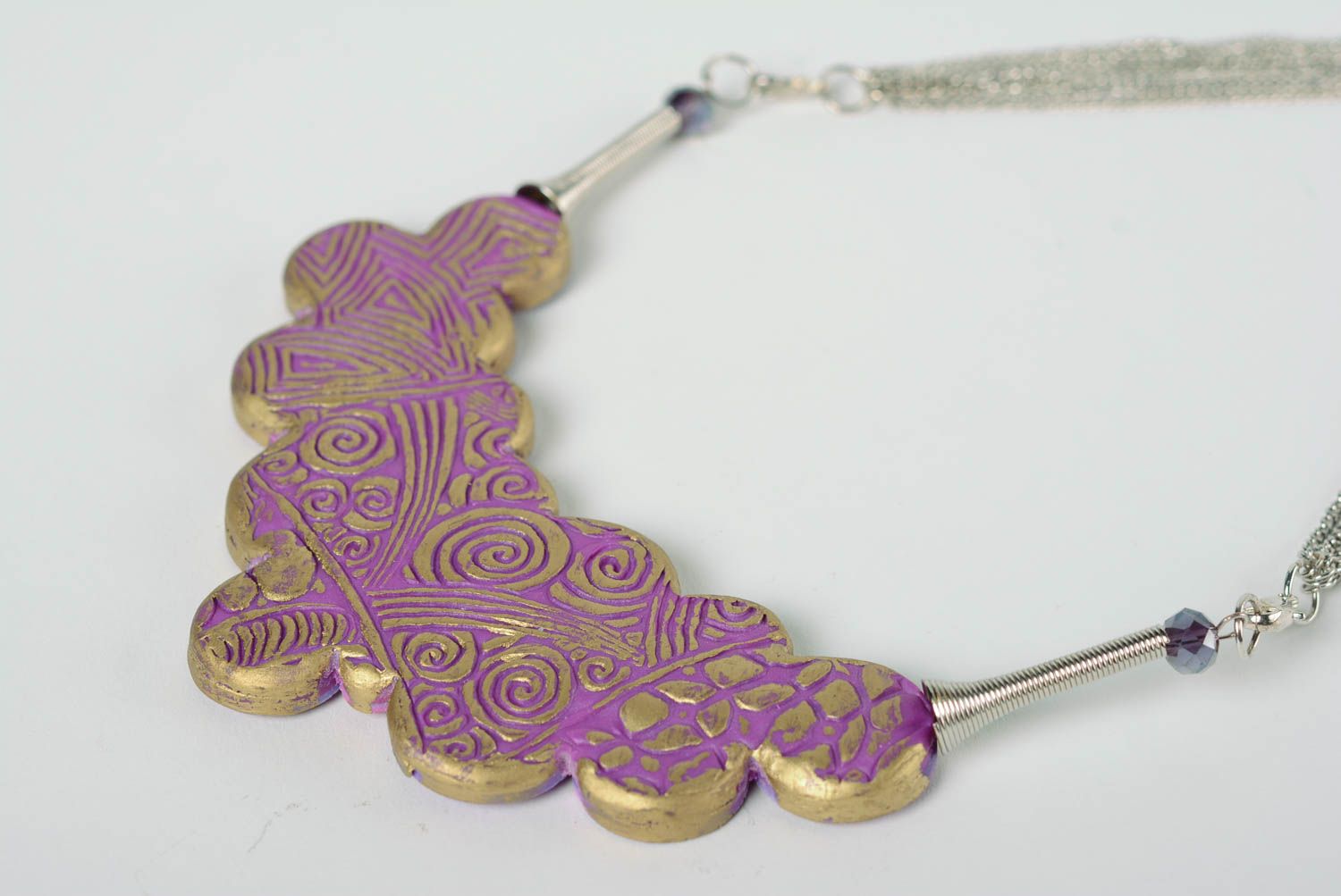 Handmade polymer clay women's necklace on metal chain in violet color palette photo 4