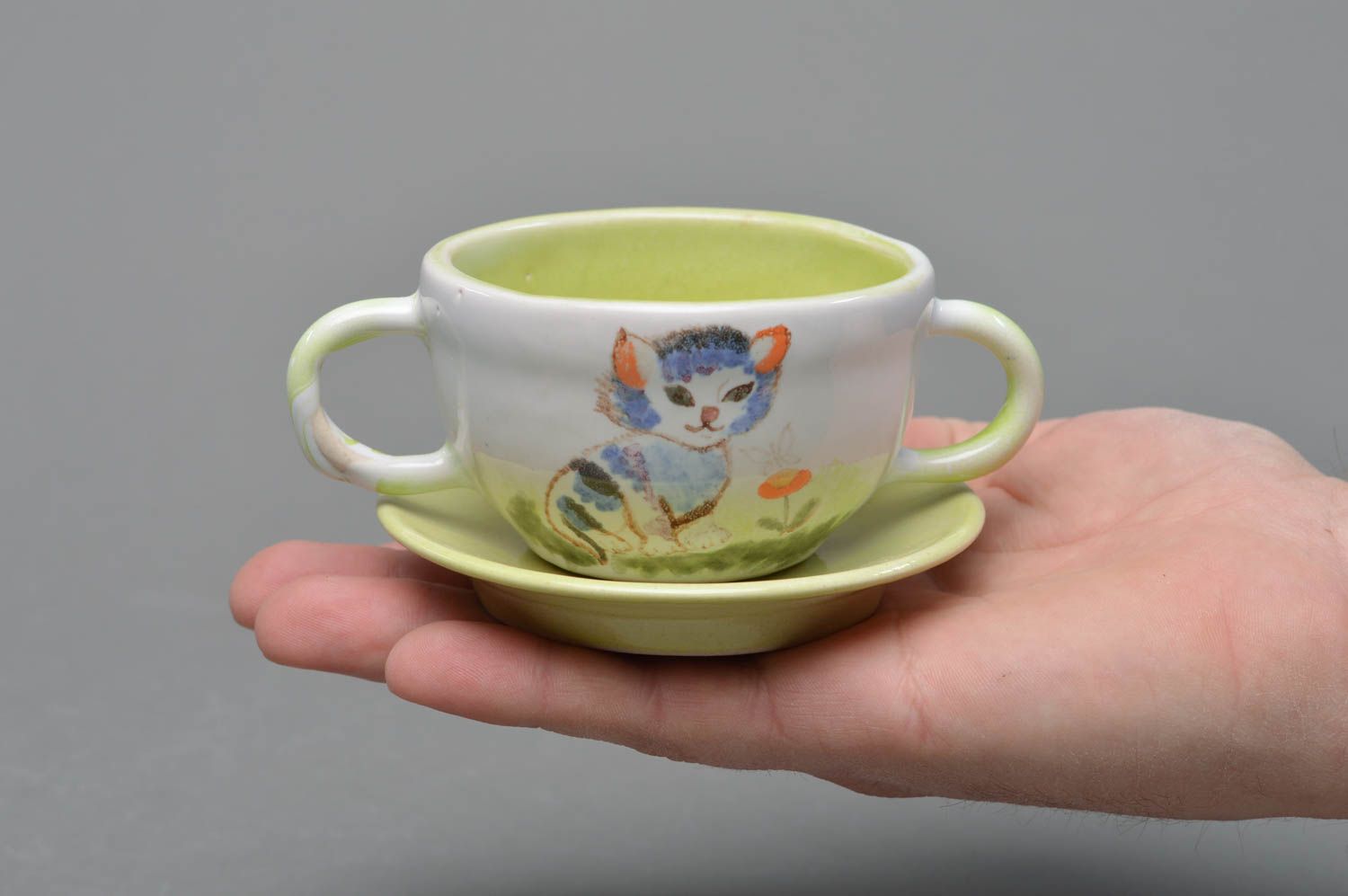 Porcelain drinking 5 oz cup with two handles and a saucer with hand-painted kitty pattern photo 4