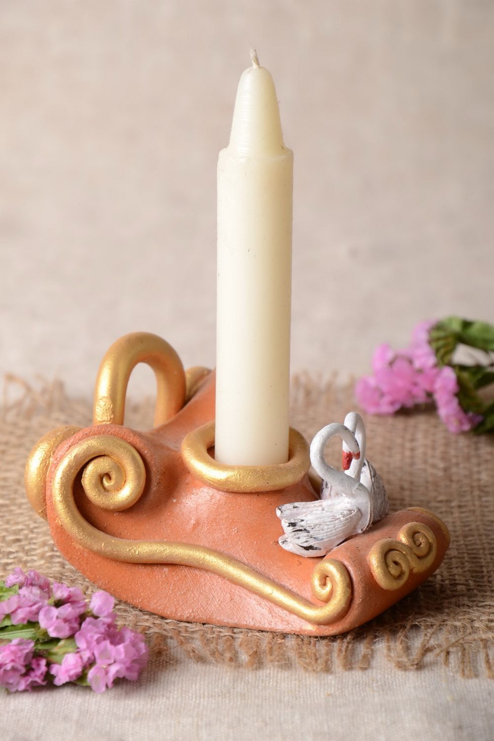 Красивый расписной керамический подсвечник для одной свечи ручной лепки  фото 1