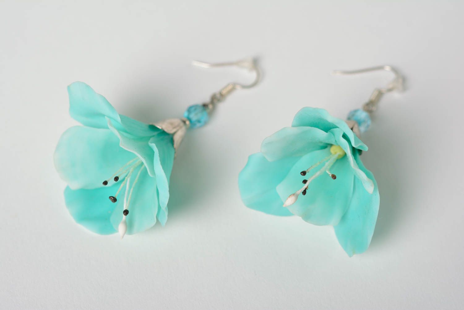 Beautiful blue handmade polymer clay flower earrings designer jewelry photo 2