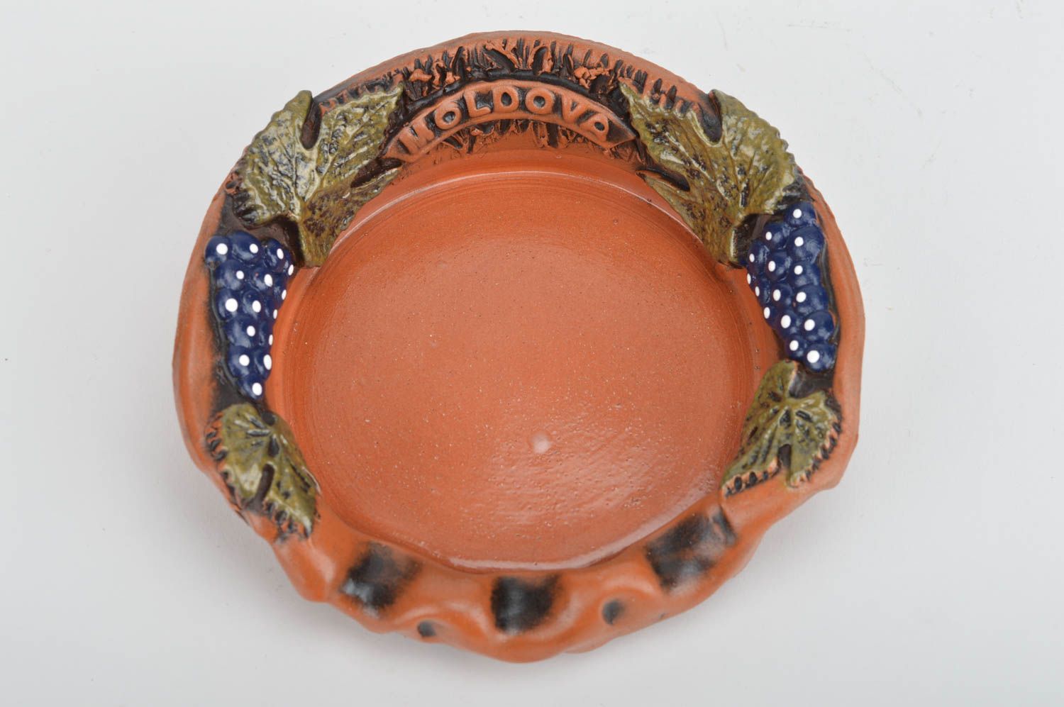 Amazing handmade unusual light ceramic brown ashtray with ornament photo 5