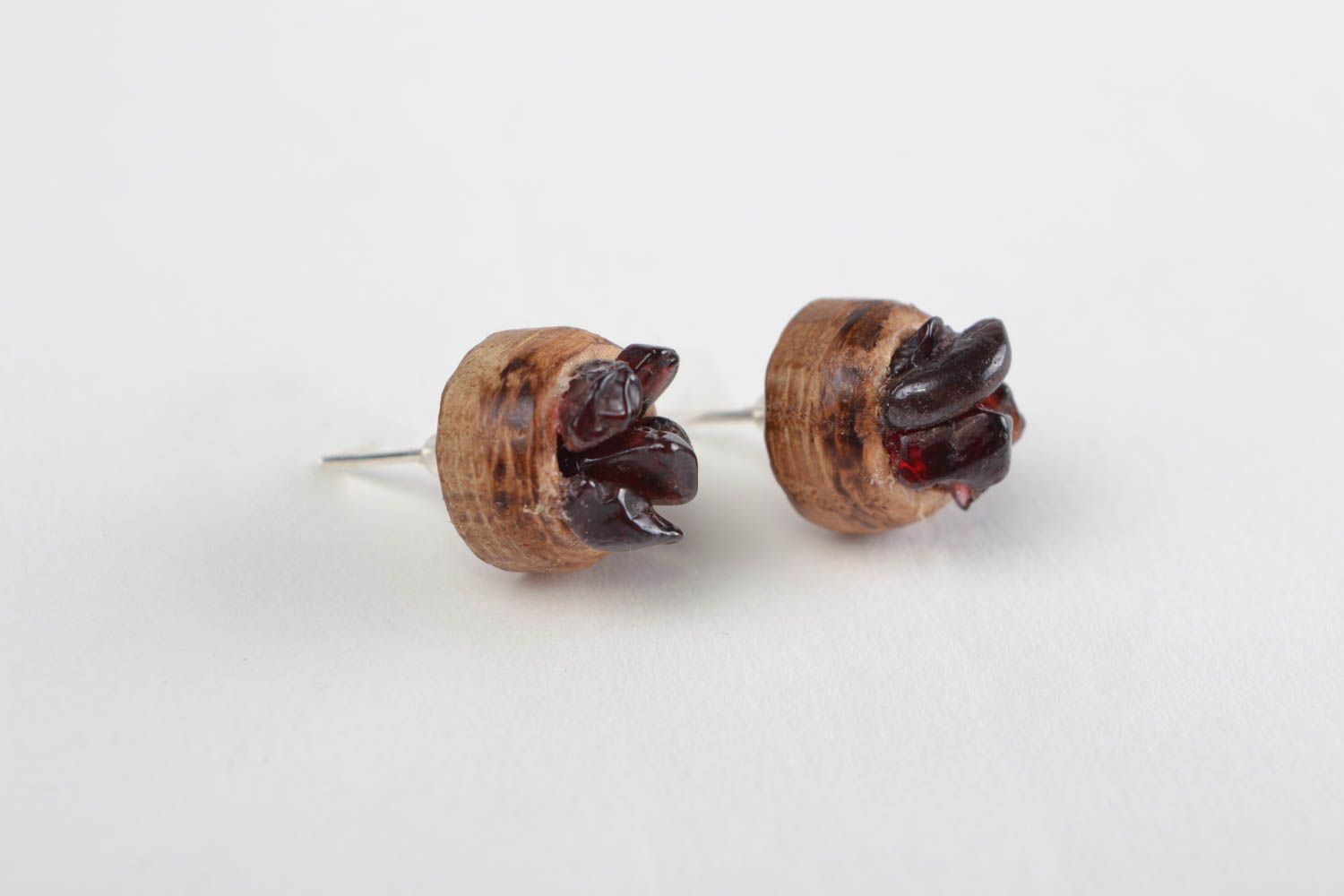 Handmade designer small wooden stud earrings with natural garnet stone photo 1