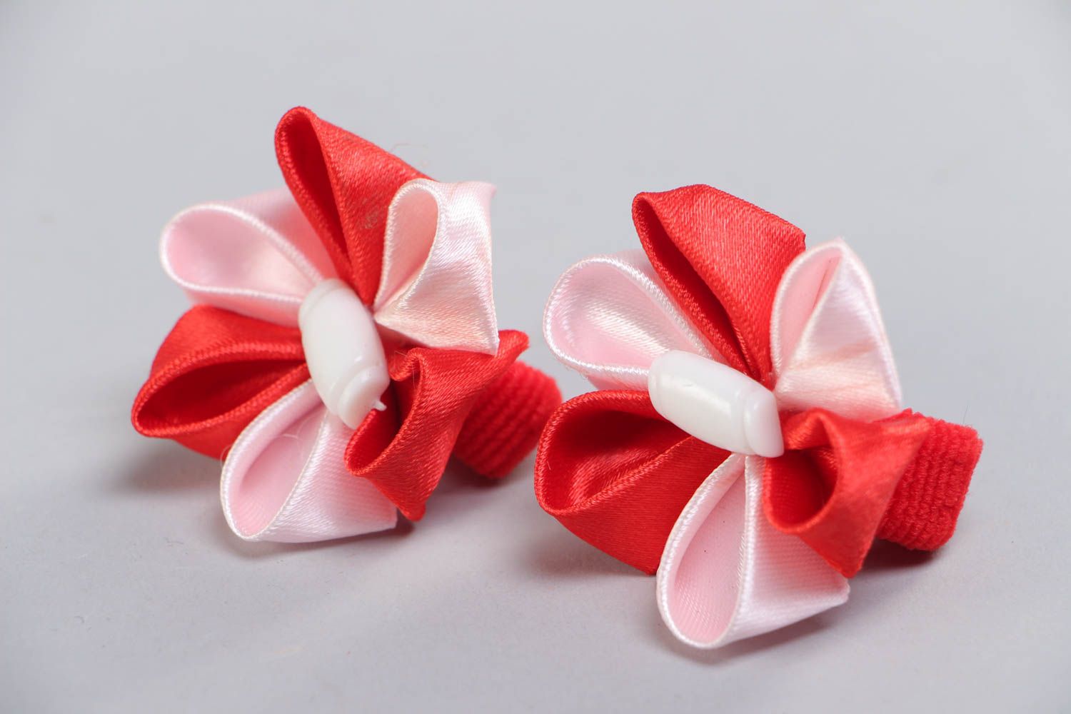 Set of 2 handmade red and pink hair ties with satin ribbon kanzashi flowers photo 2