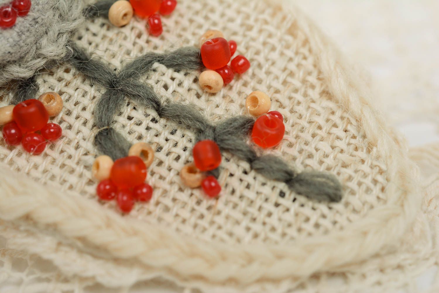 Handmade light designer brooch crocheted of natural wool embroidered with beads photo 5