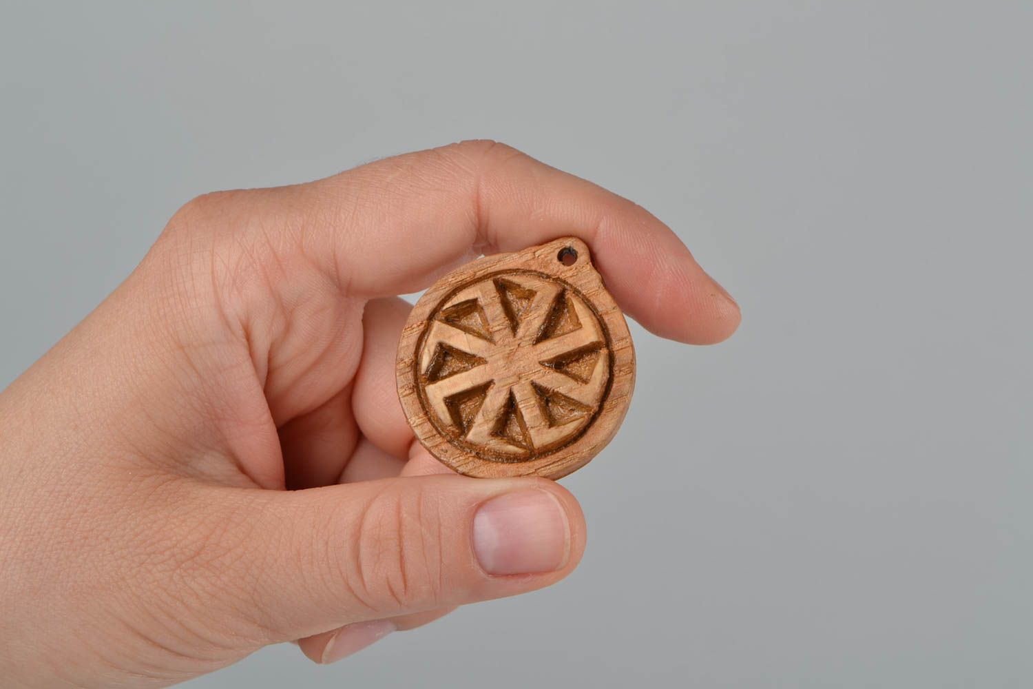 Wooden handmade Slavic talisman pectoral amulet Kolovrat in ethnic style photo 2