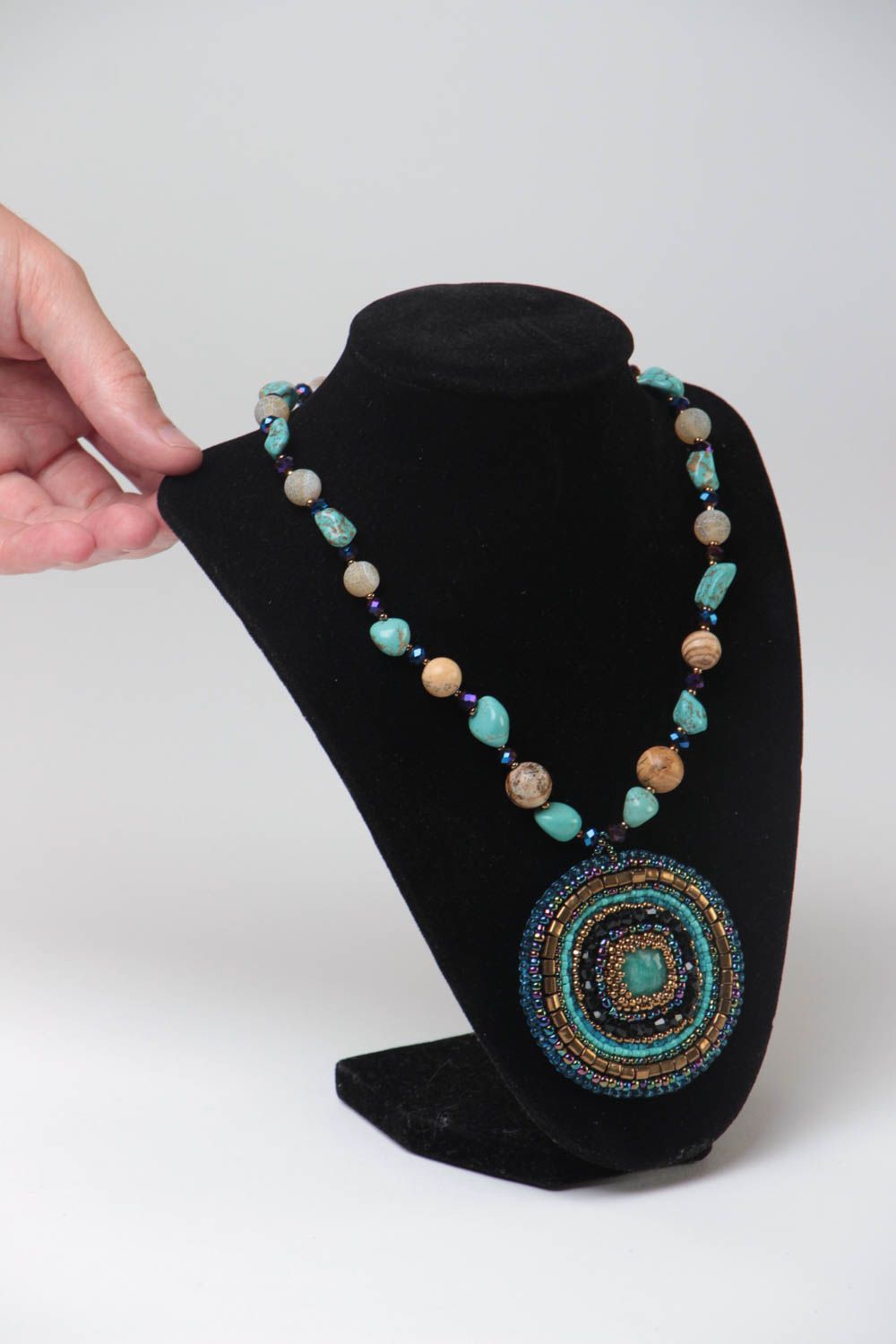 Bright massive handmade beaded necklace with natural stones designer Mandala photo 5