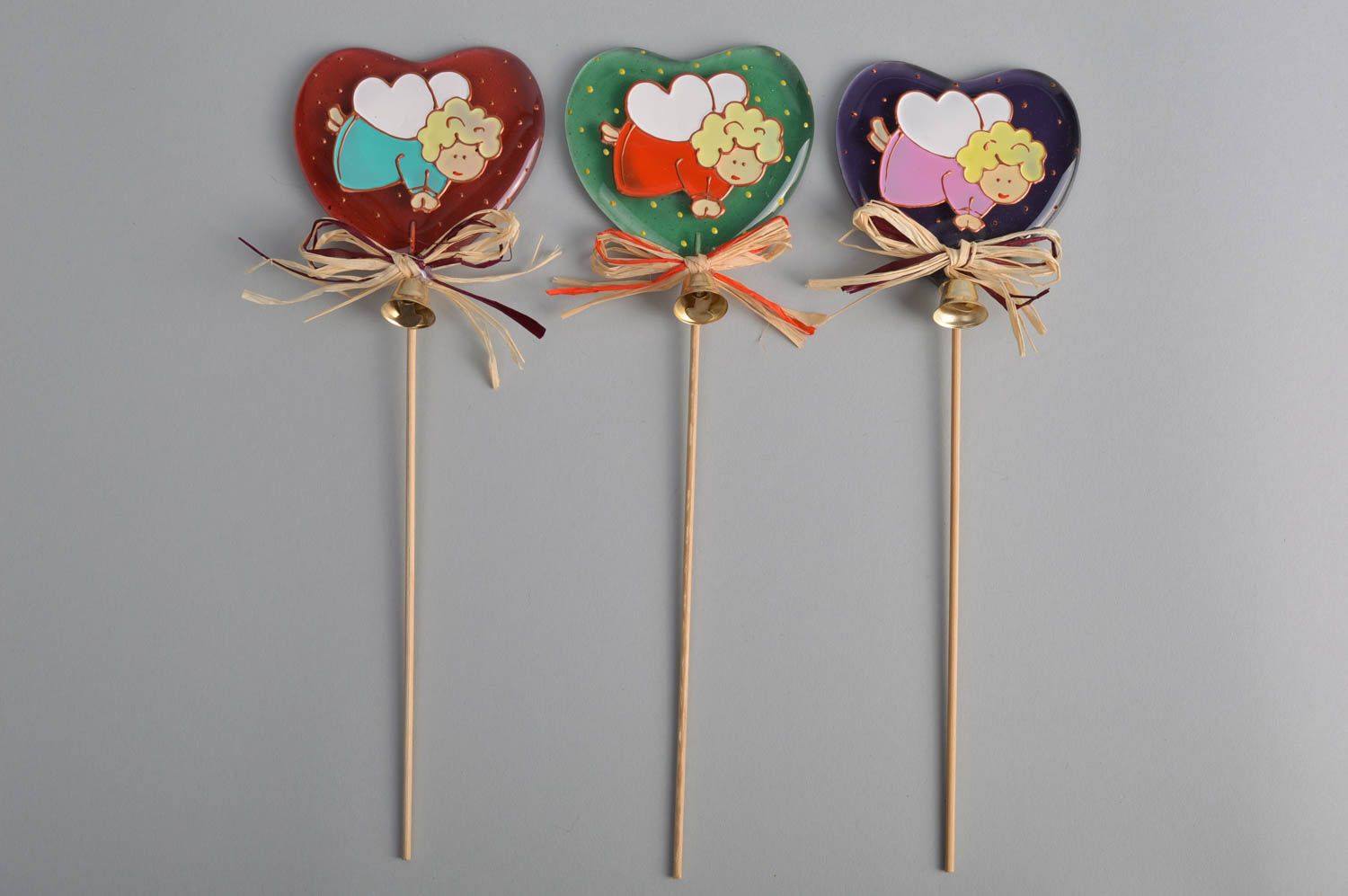 Handmade colorful heart on stick decorated with paints with bell  photo 5