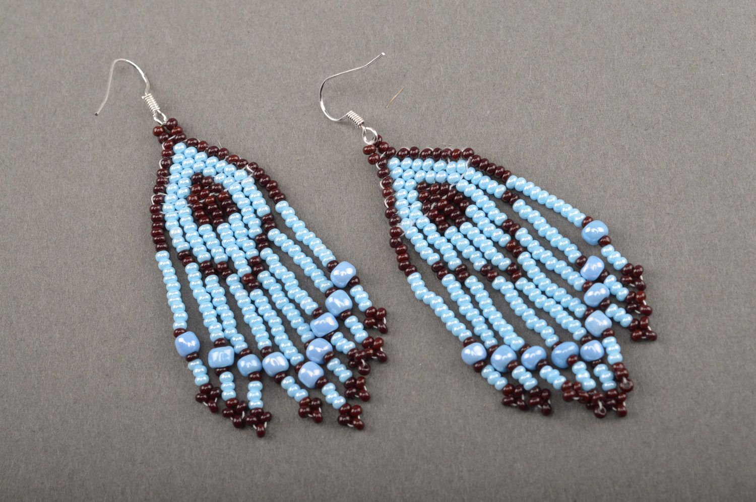 Handmade blue long beaded dangle earrings with fringe in ethnic style  photo 2