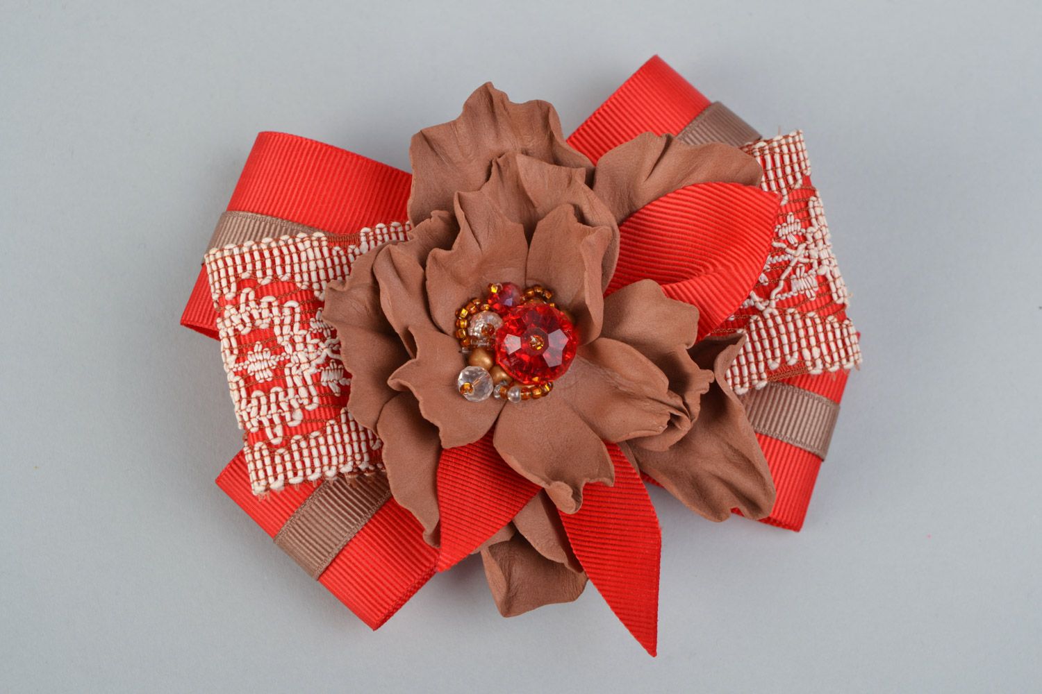 Handmade hair clip brooch with foamiran flower and ribbon bow in red color photo 3