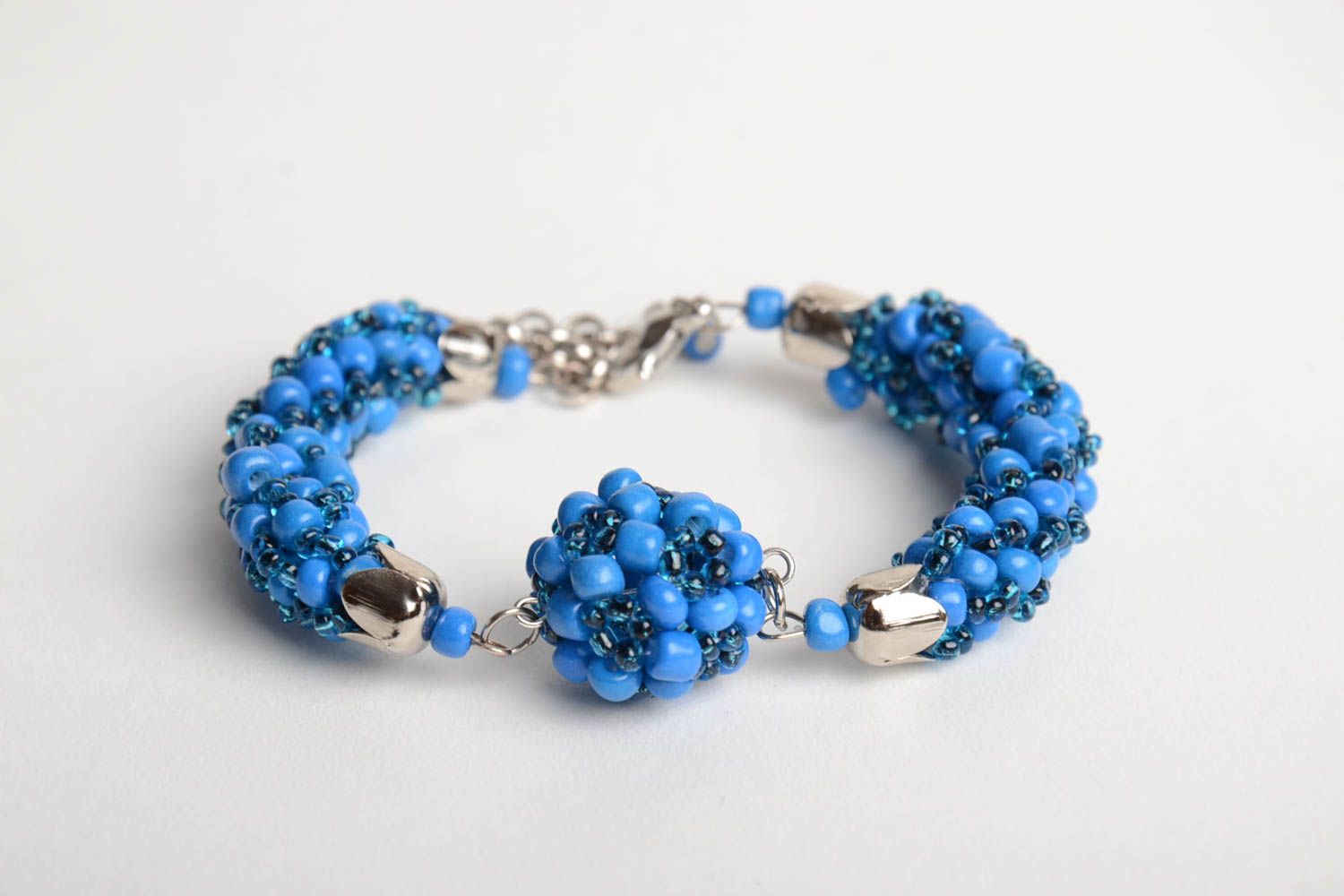 Designer handmade women's wrist laconic bracelet woven of blue Czech beads photo 3