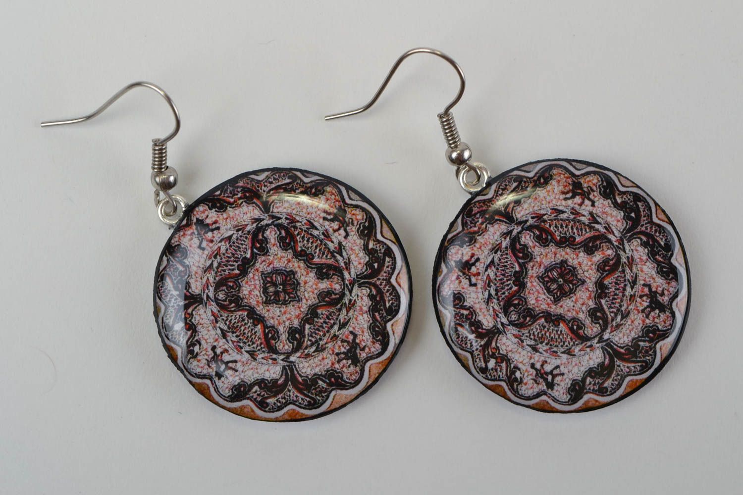 Beautiful handmade round polymer clay earrings of unusual colors with decoupage photo 3
