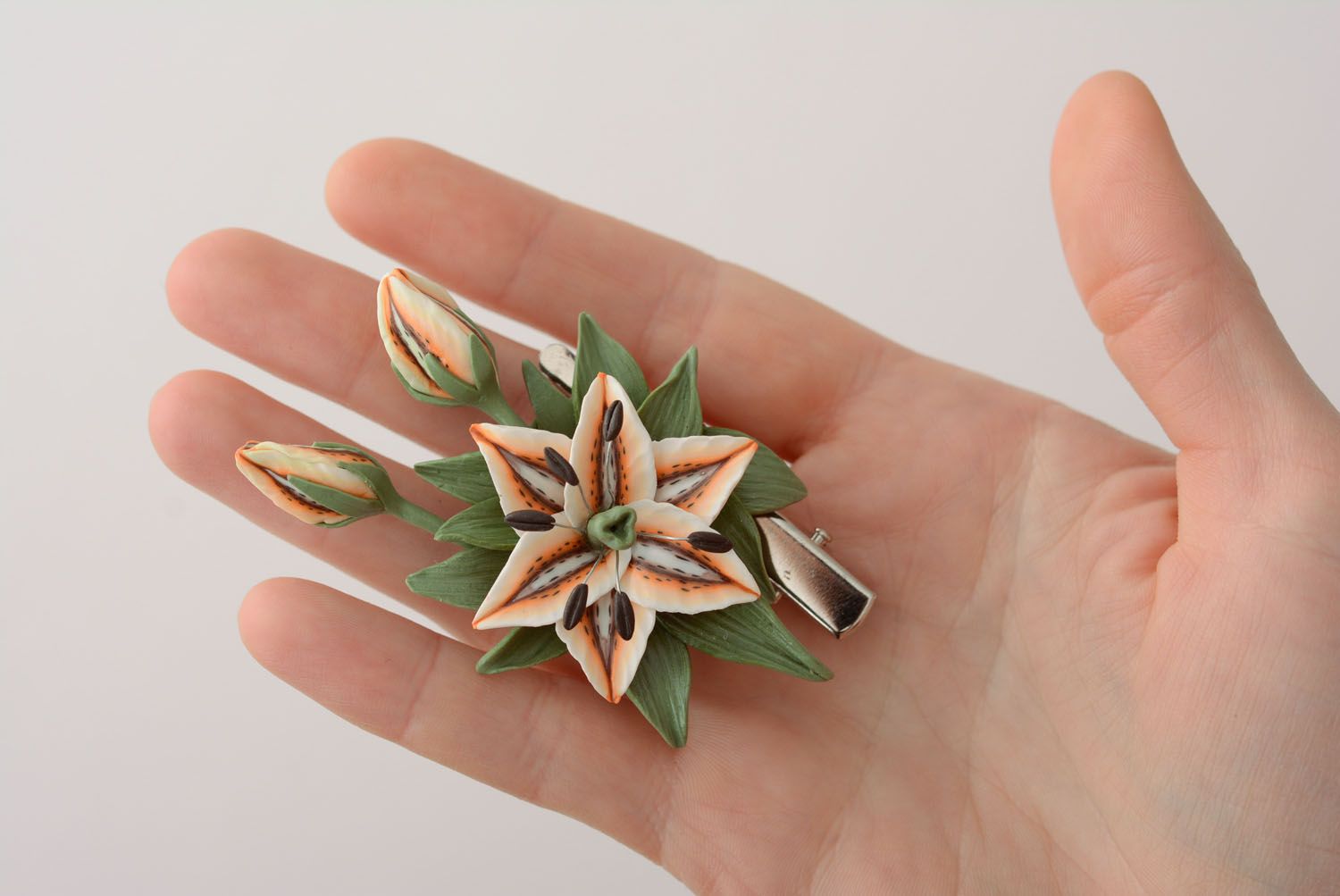 Hair pin-brooch made of polymer clay Lily photo 3