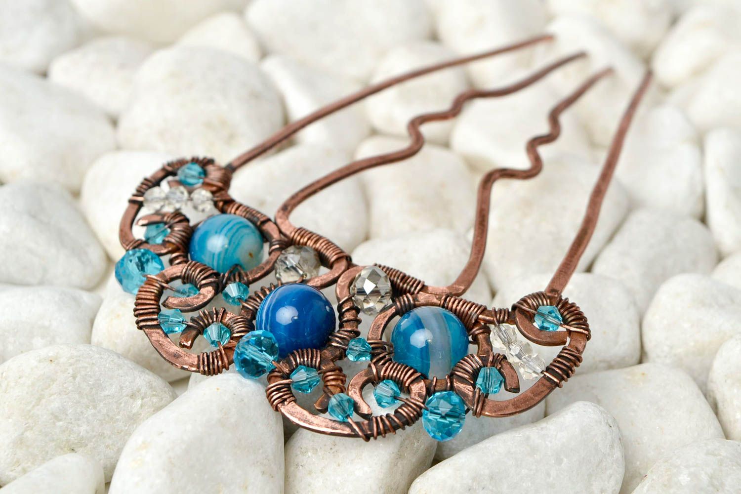 Handmade Haarspange mit Perlen in Blau Kupfer Schmuck Accessoire für Haare foto 1