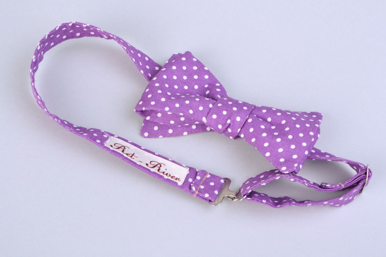 Stylish handmade textile bow tie Lilac Polka Dot photo 4