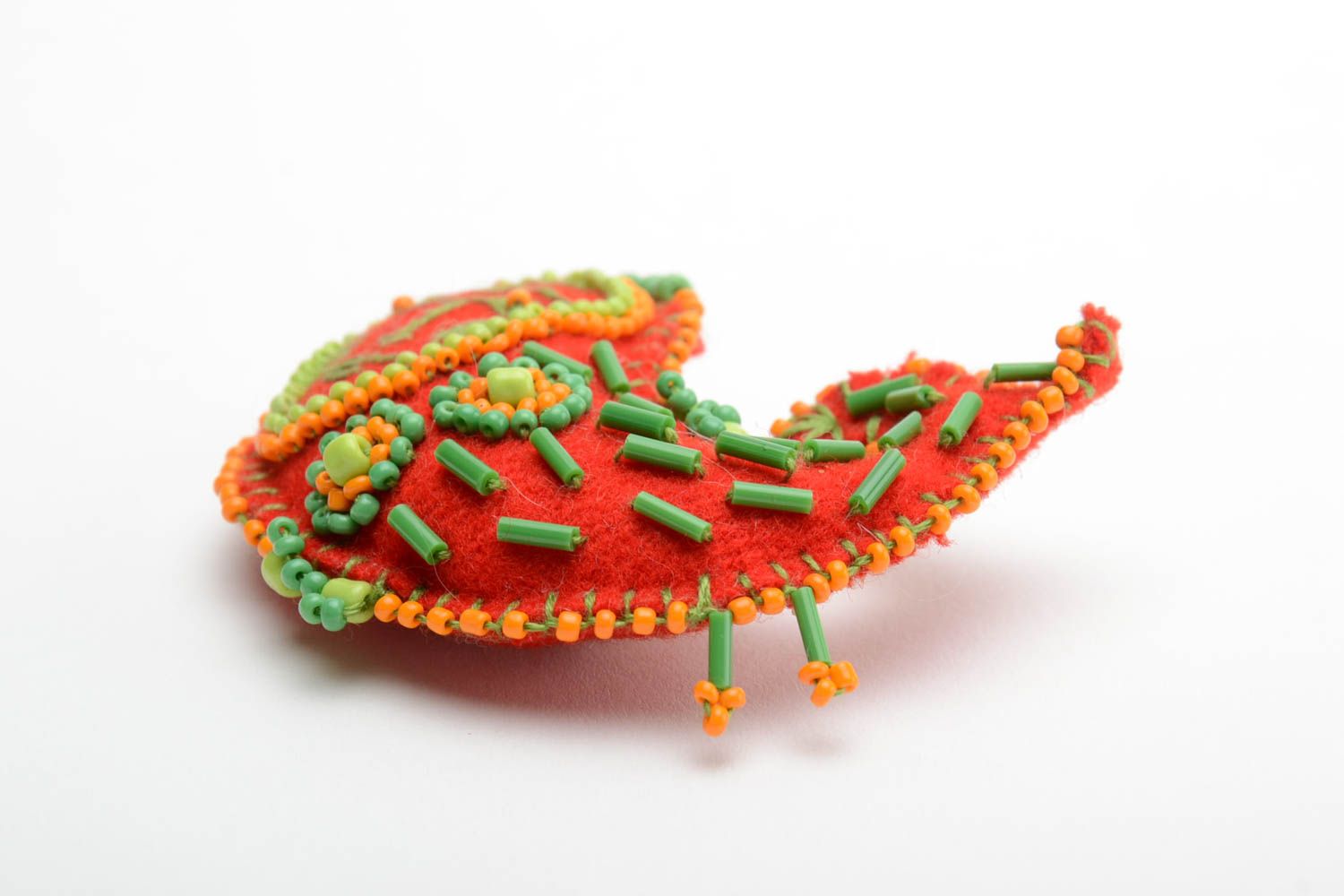 Orange handmade textile velor brooch fish embroidered with beads and threads photo 4