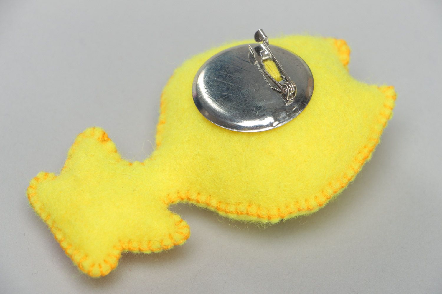 Handmade small brooch sewn of yellow fabric with applique work and beads Cat photo 3