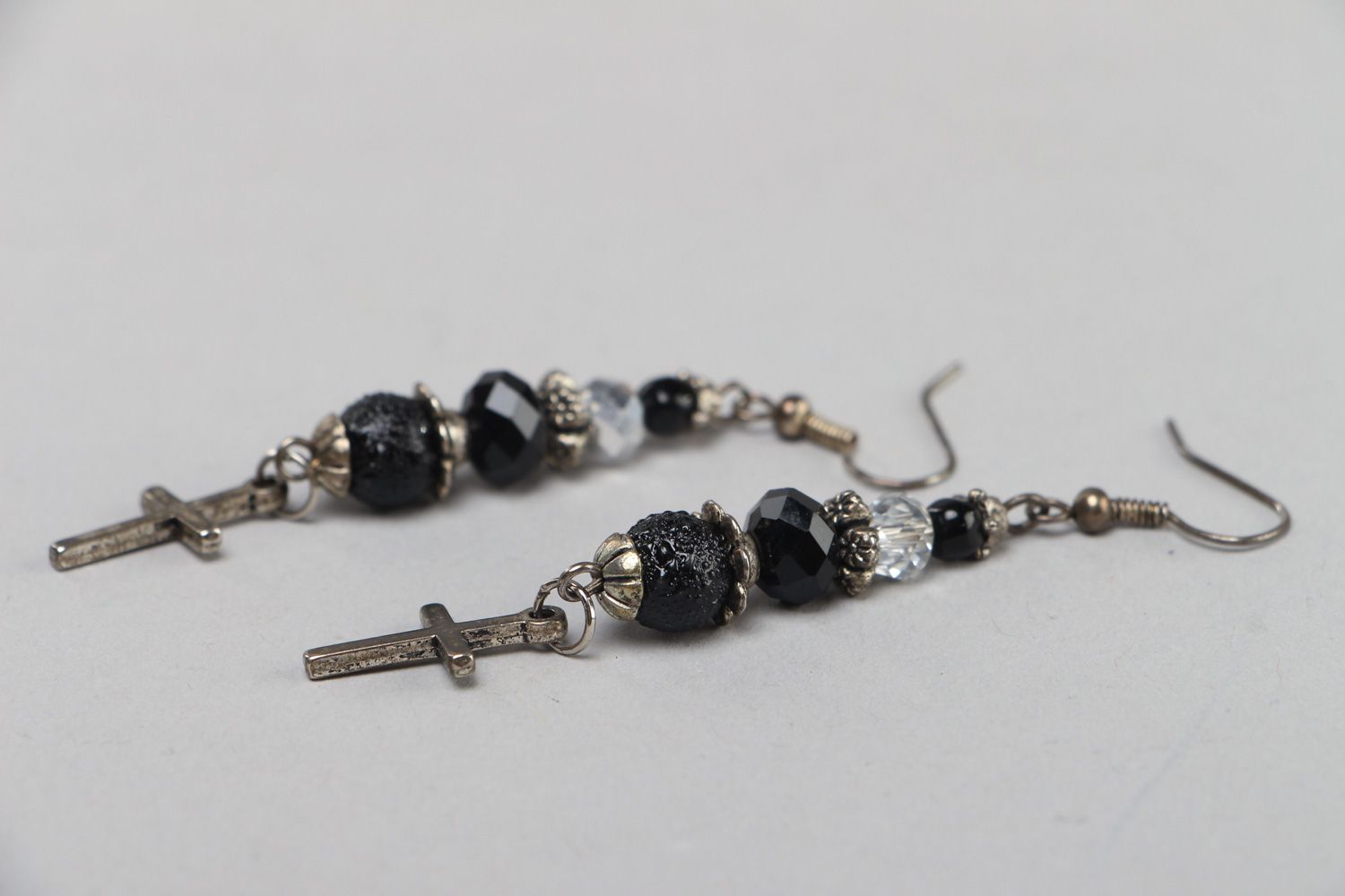 Handmade long earrings with black glass beads and cross-shaped metal charms  photo 2