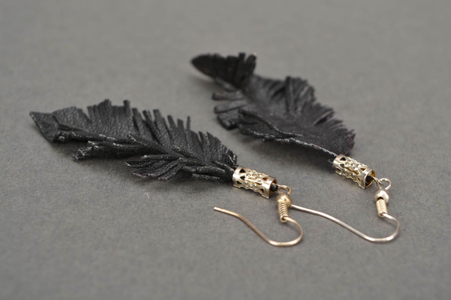 Black leather earrings Feathers photo 5
