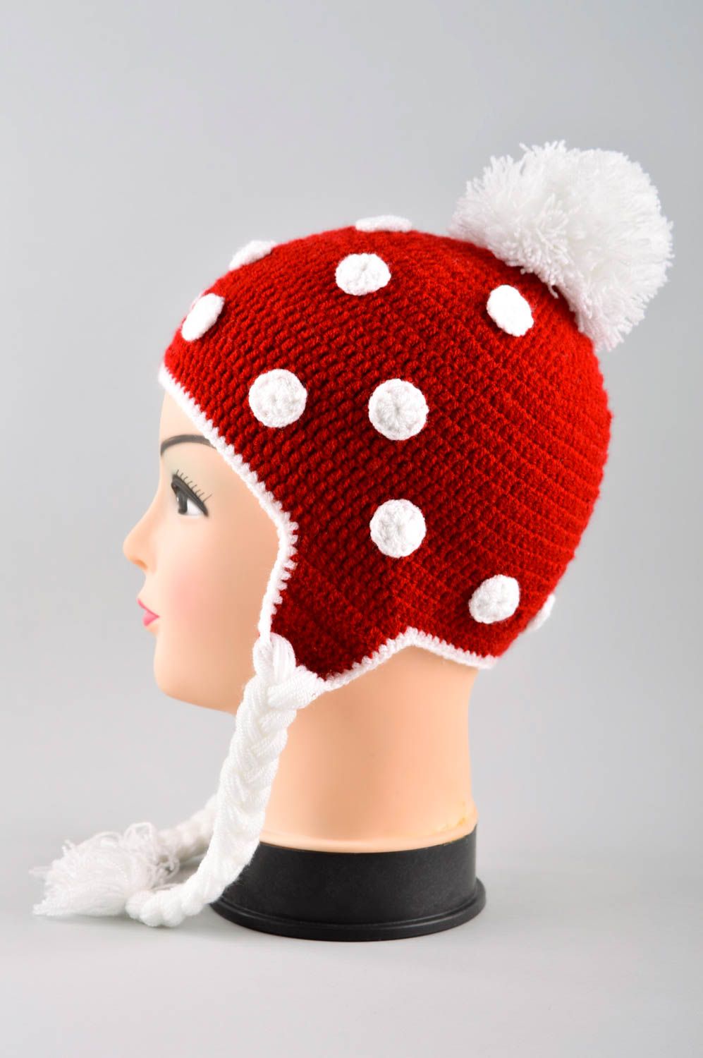 Шапка для девочки зимняя шапка хэнд мейд вязаная шапка красная с белым красивая фото 3