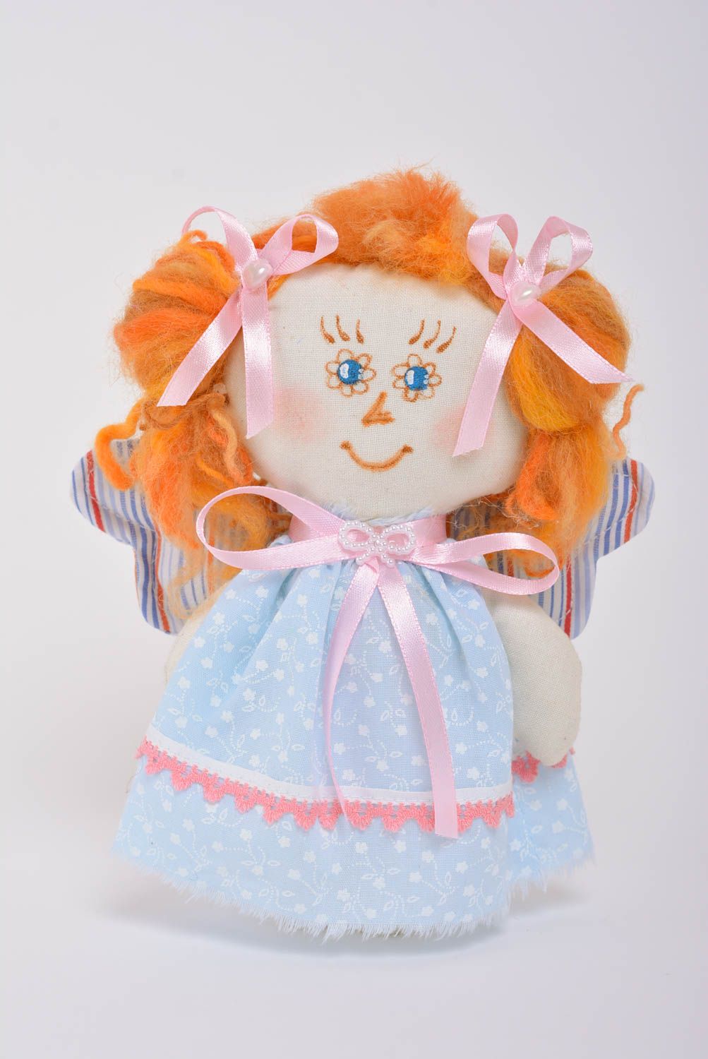 Handmade small fabric soft doll girl with ginger hair in blue floral dress photo 1