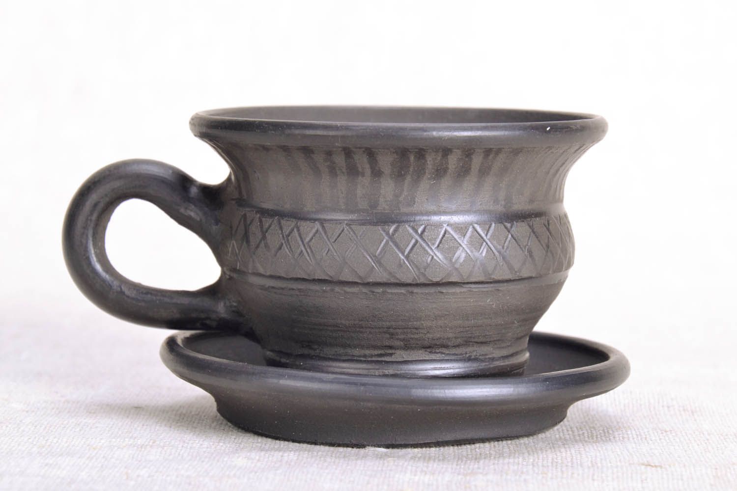 Black natural lead-free clay cup with handle and saucer  photo 2