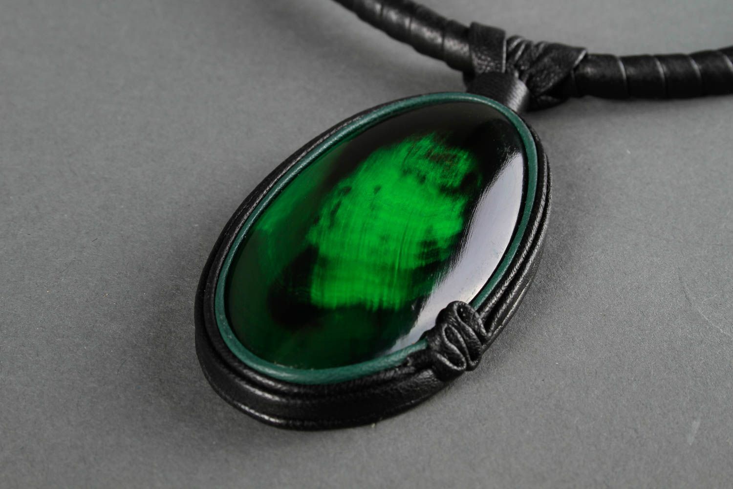 Handmade jewelry leather pendant unusual green jewelry made of horn girls gift photo 4