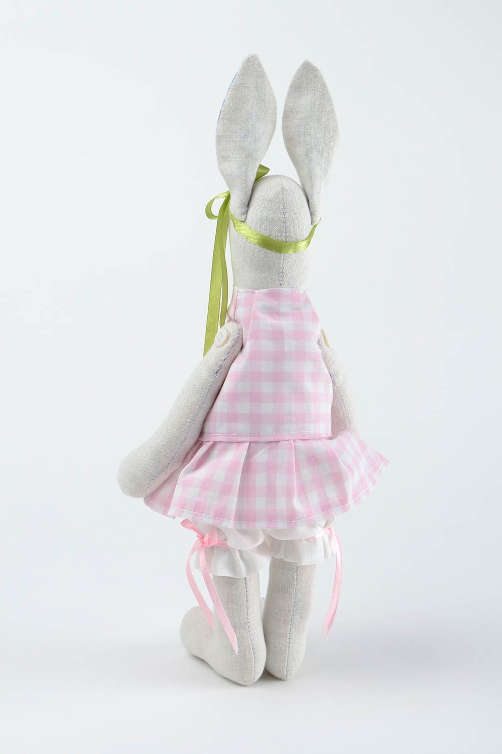 Jouet Lapin en tissu lin et coton fait main en robe rose à carreaux Déco maison photo 5