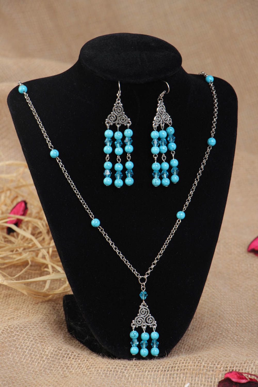 Handmade designer gemstone jewelry set with crystal 2 pieces beaded earrings and pendant photo 1