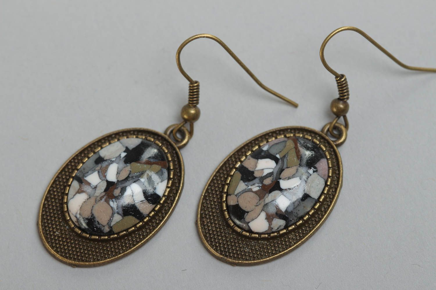 Handmade dark oval polymer clay and metal earrings coated with glass glaze photo 2