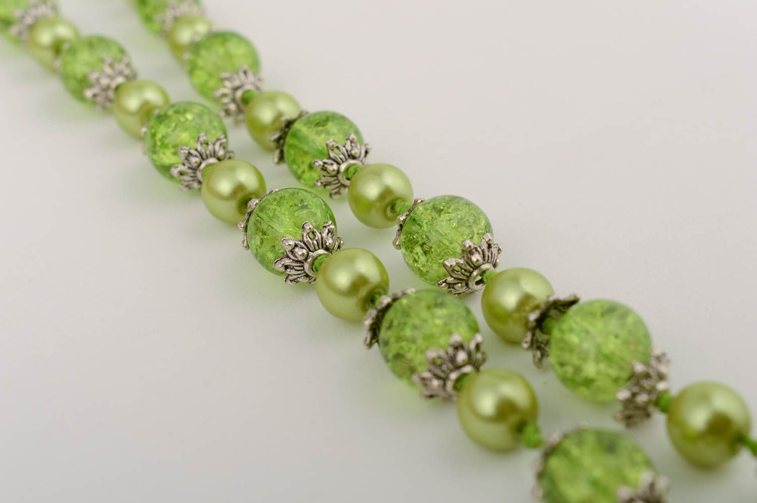 Handmade designer long necklace with green glass beads and ceramic pearls  photo 4