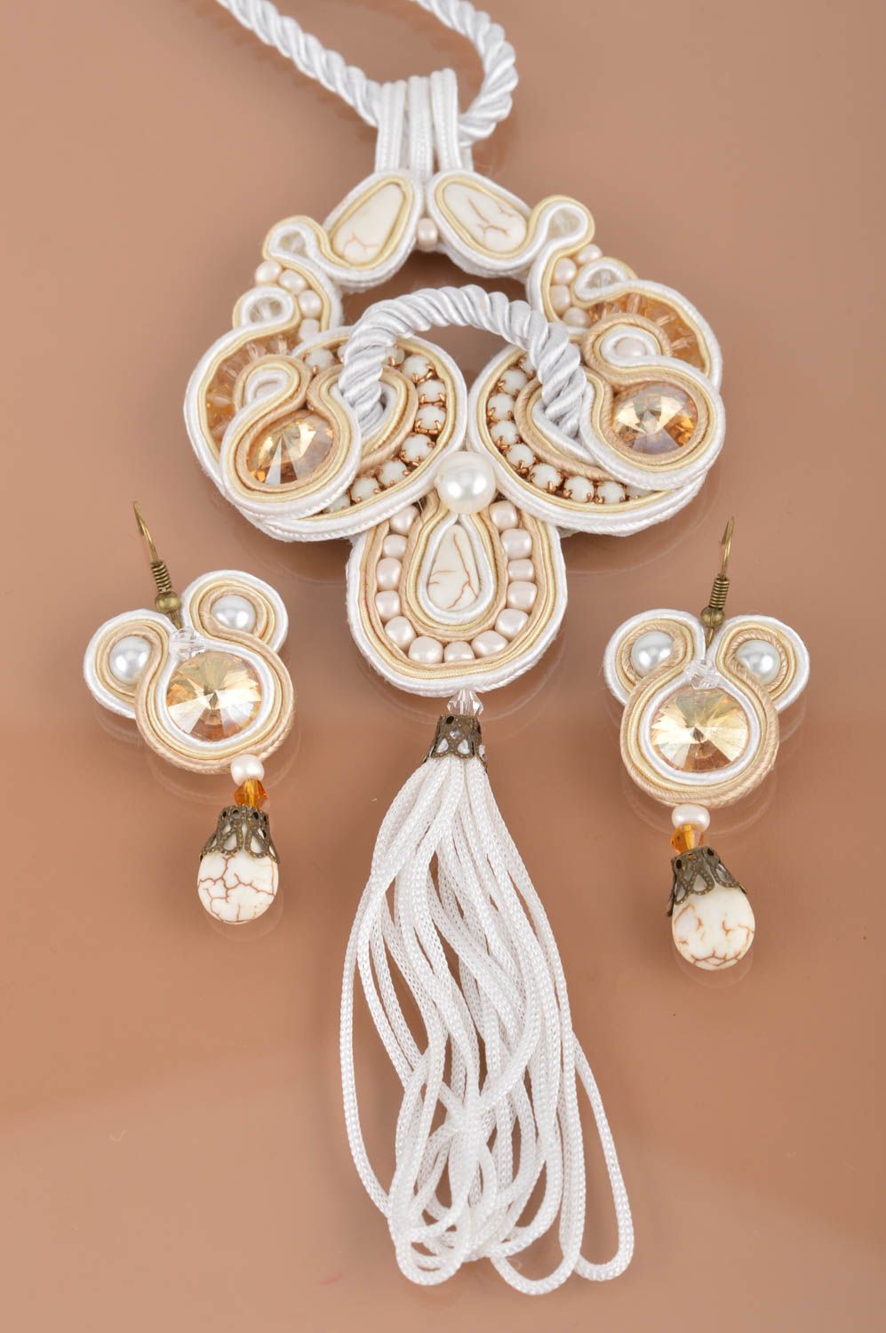Beautiful handmade soutache jewelry set textile earrings and pendant with beads photo 4