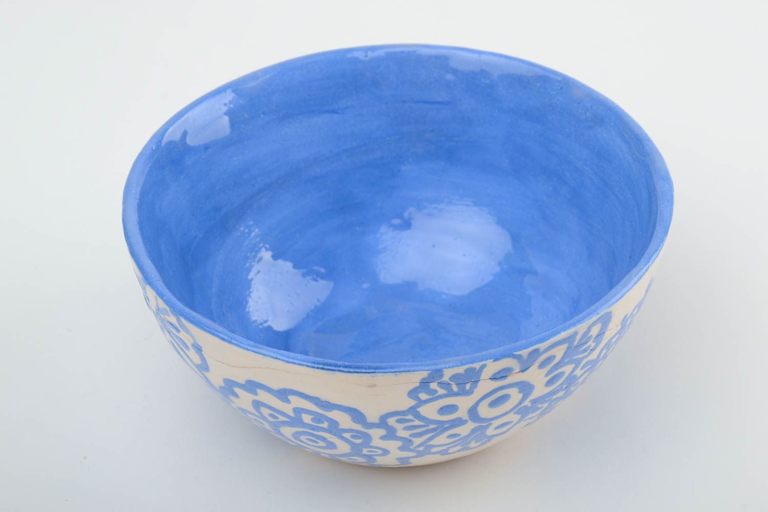 Bol en terre cuite 50 cl peint de glaçure en bleu et blanc original fait main photo 2