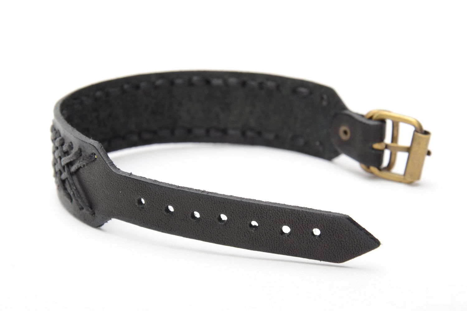 Handmade black genuine leather wrist bracelet with synthetic cord and buckle  photo 4