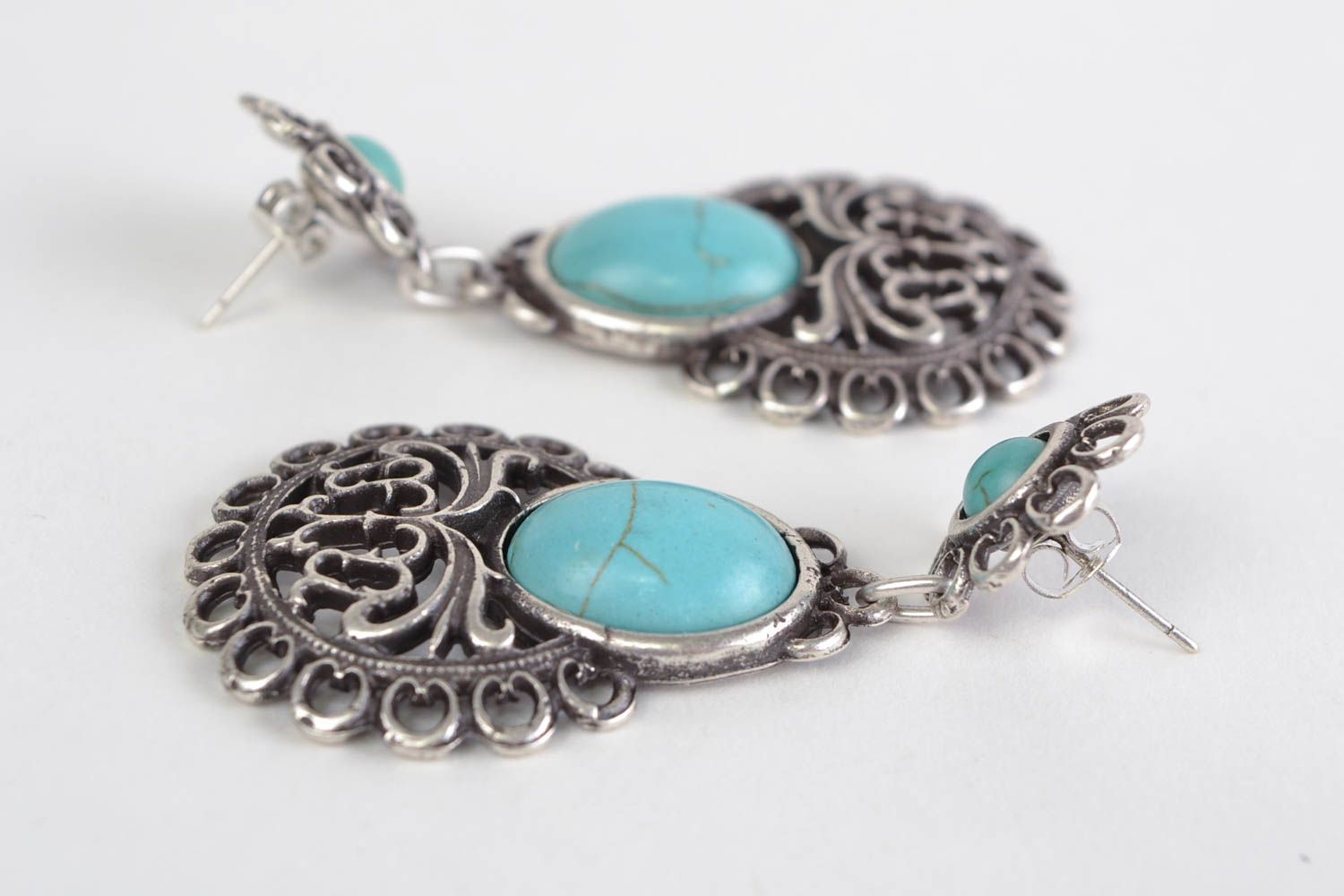 Large handmade elegant metal earrings with turquoise stone photo 5