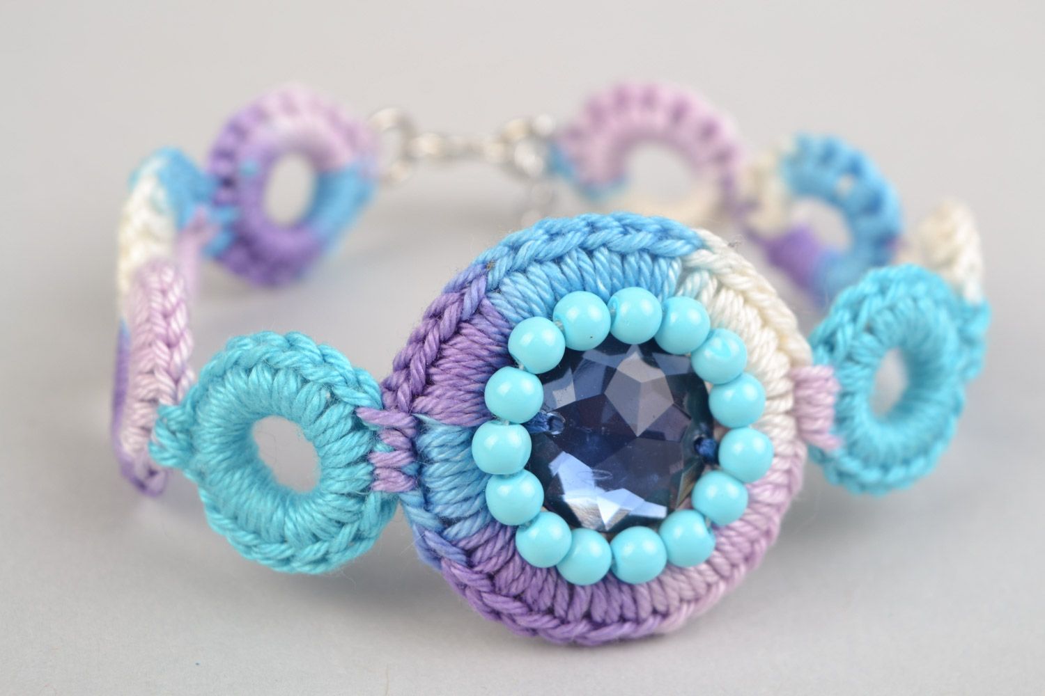 Handmade wrist bracelet woven of cotton threads and rhinestones in blue color photo 1