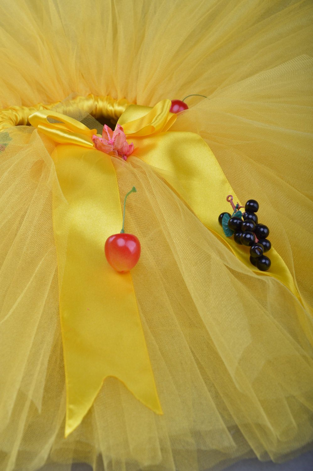 Handmade ballet tutu skirt sewn of bright yellow tulle and ribbons for children photo 2