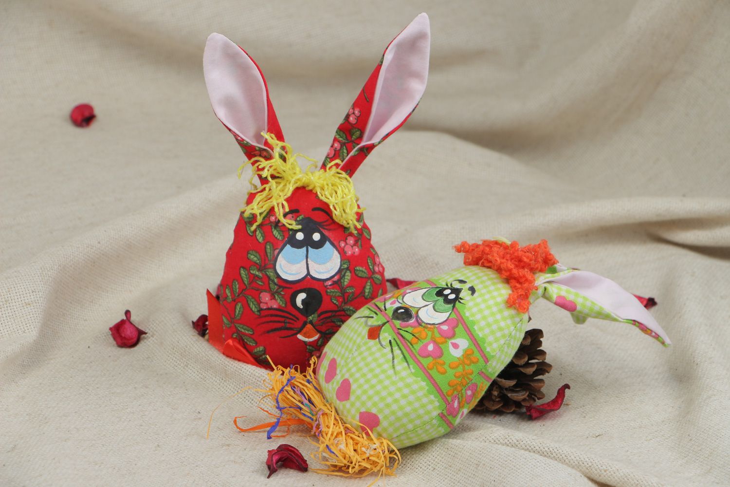 Handmade beautiful interior soft toys Rabbits sewn of fabric Easter decorations photo 5