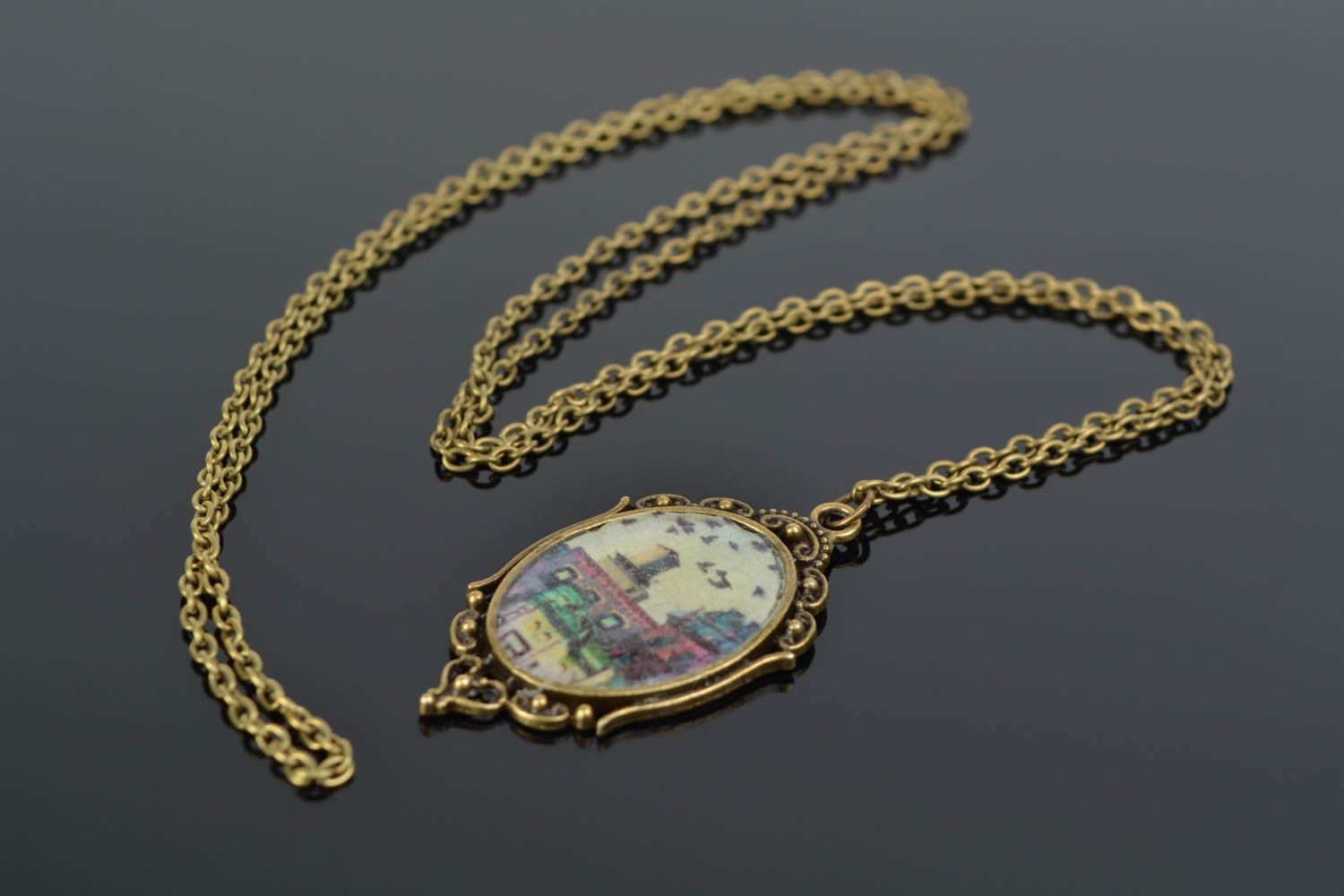 Handmade jewelry resin pendant with decoupage print vintage photo 1