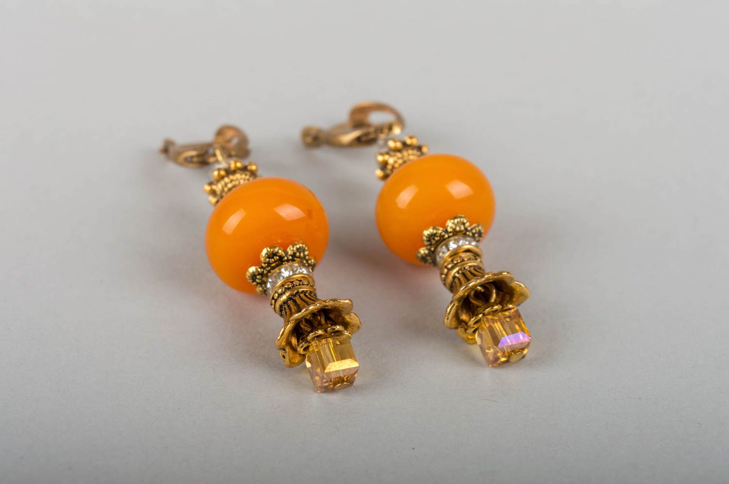 Unusual handmade long metal earrings with natural amber stone beads for girls photo 3