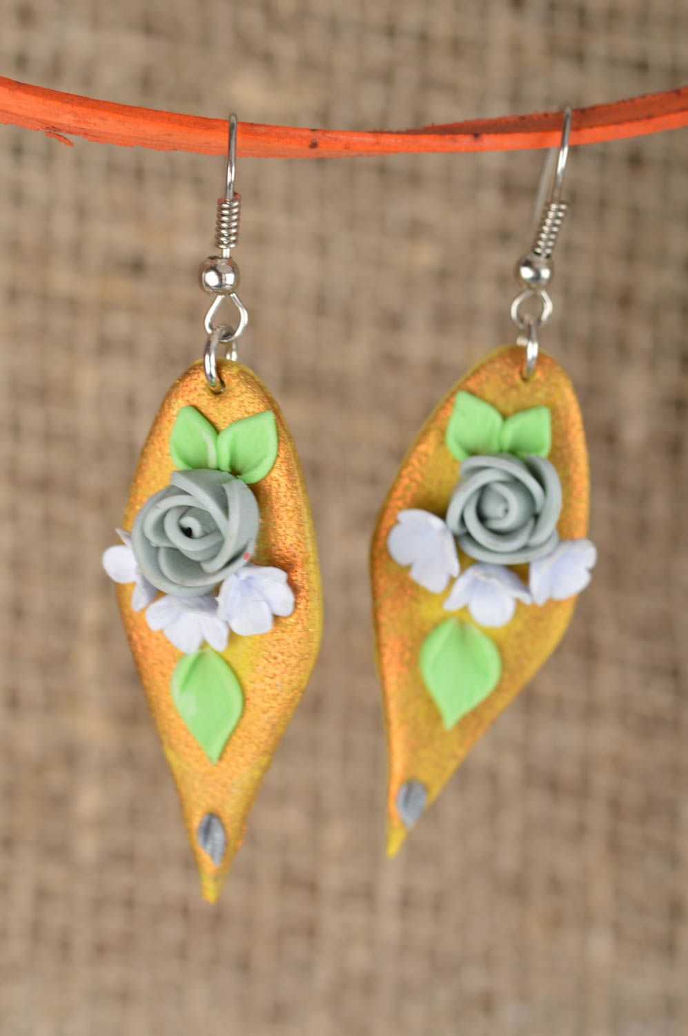 Polymer clay handmade earrings of golden color with roses designer jewelry photo 1