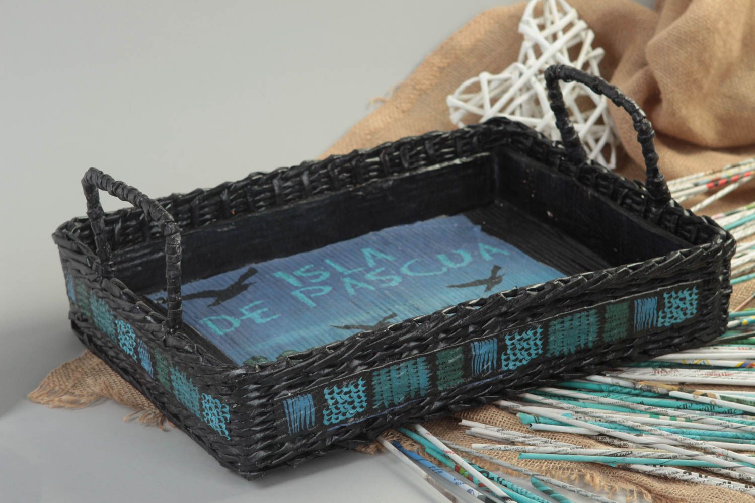 Handmade paper tubes tray wicker tray design interior accessories with painting photo 1